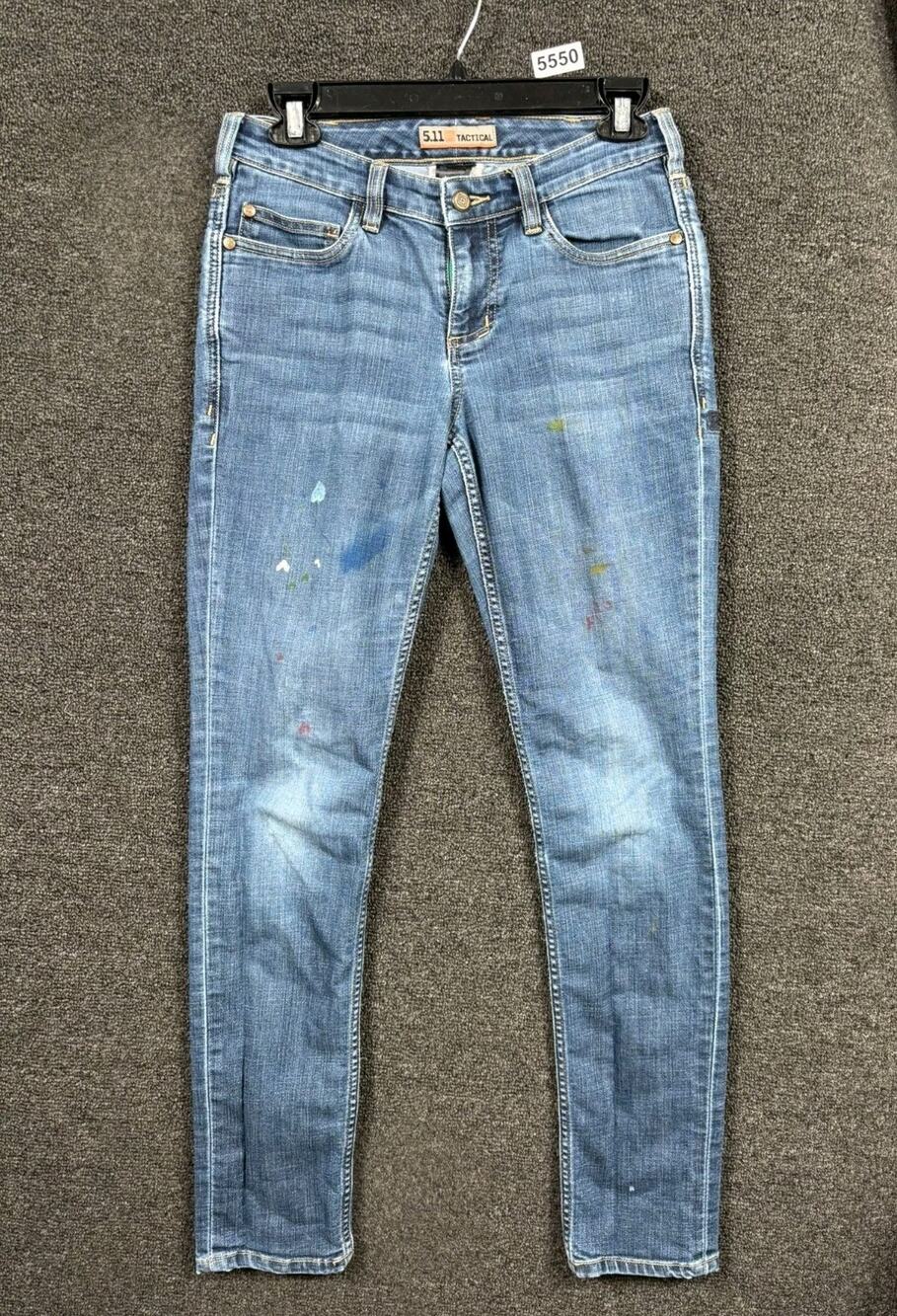 5.11 Tactical Straight Jeans Womens Size 0R Blue Distress Dye Mid Rise *Painted